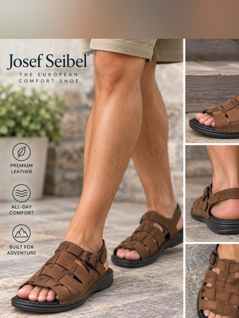 Josef Seibel men's brown leather sandals size 47 or size 14  comfort outdoors‎